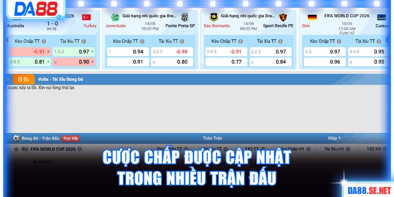 Cược chấp được cập nhật trong nhiều trận đấu